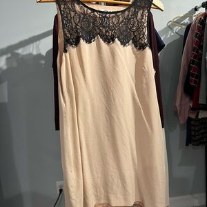 JCREW peachy tan slip dress with black lace neckline detail